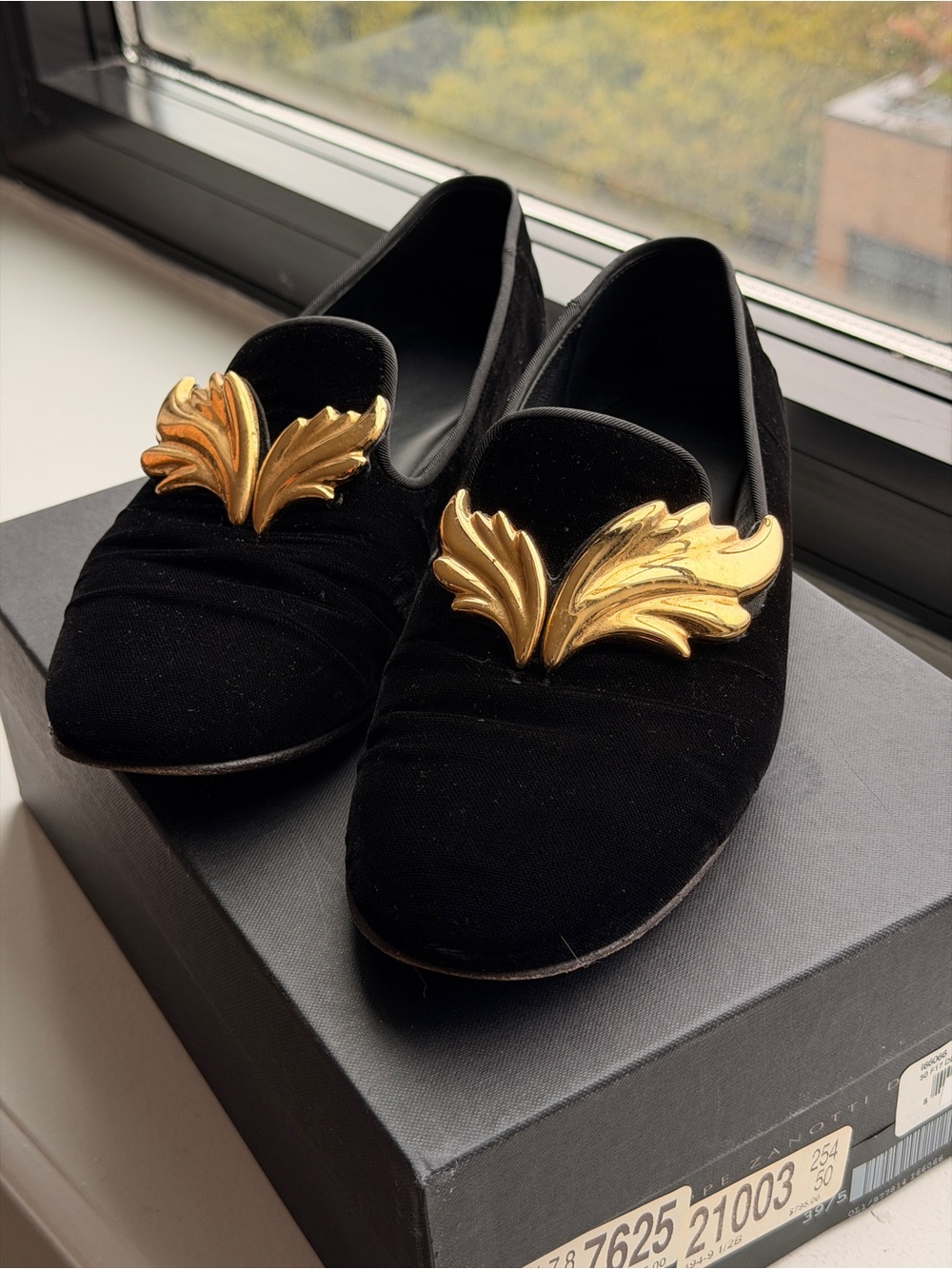 Giuseppe Zanotti Black Velvet Loafers with Gold Leaf Motif